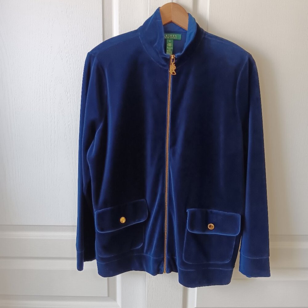 Lauren Ralph Lauren Women's Navy Blue Velour Zip Front Jacket Size 1X